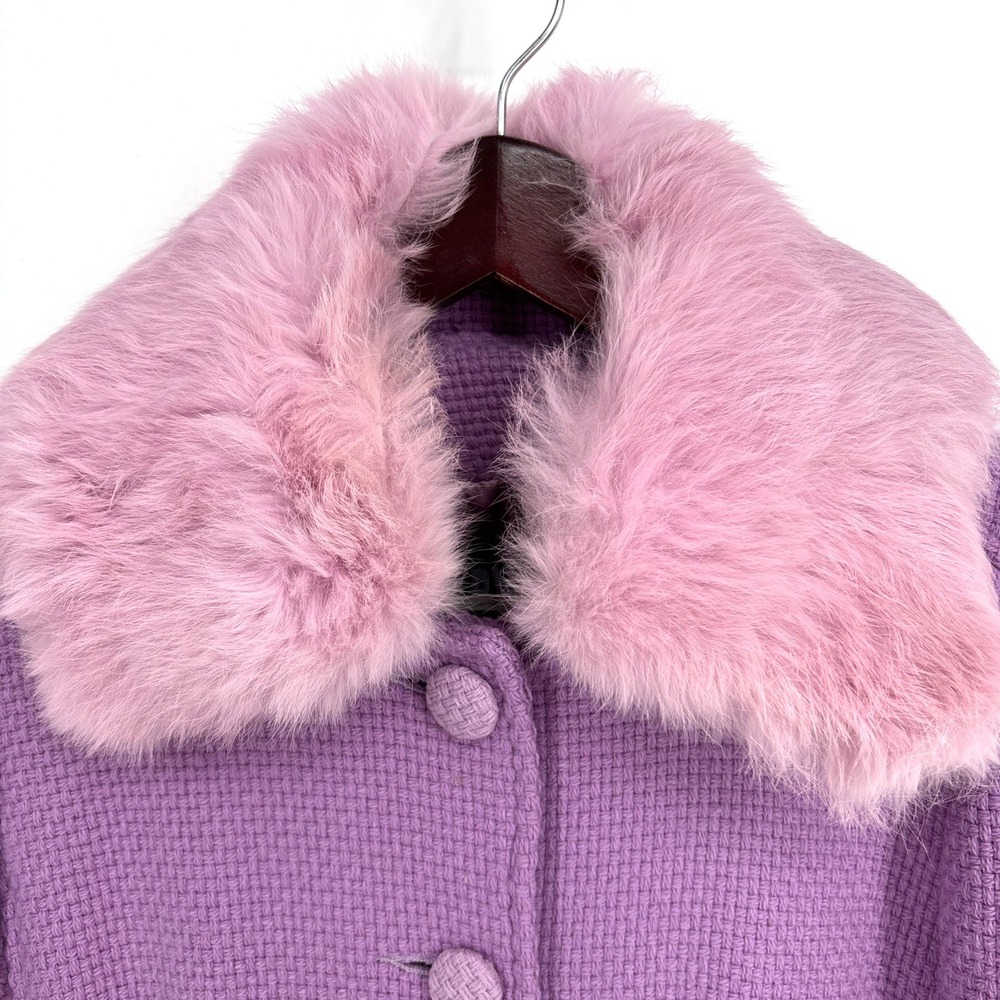 Y2K Marvin Richards Elegant Lavender Tweed Wool Blend‎ Dress Coat Fur Trim XS - Picture 3 of 15